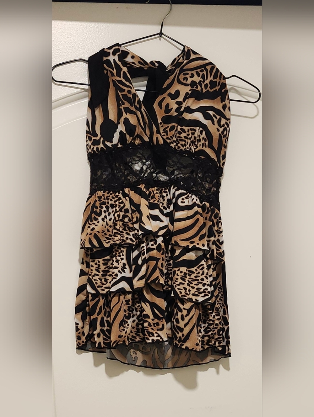Kiwi Animal Print Ruffled Halter Top in Black and Tan